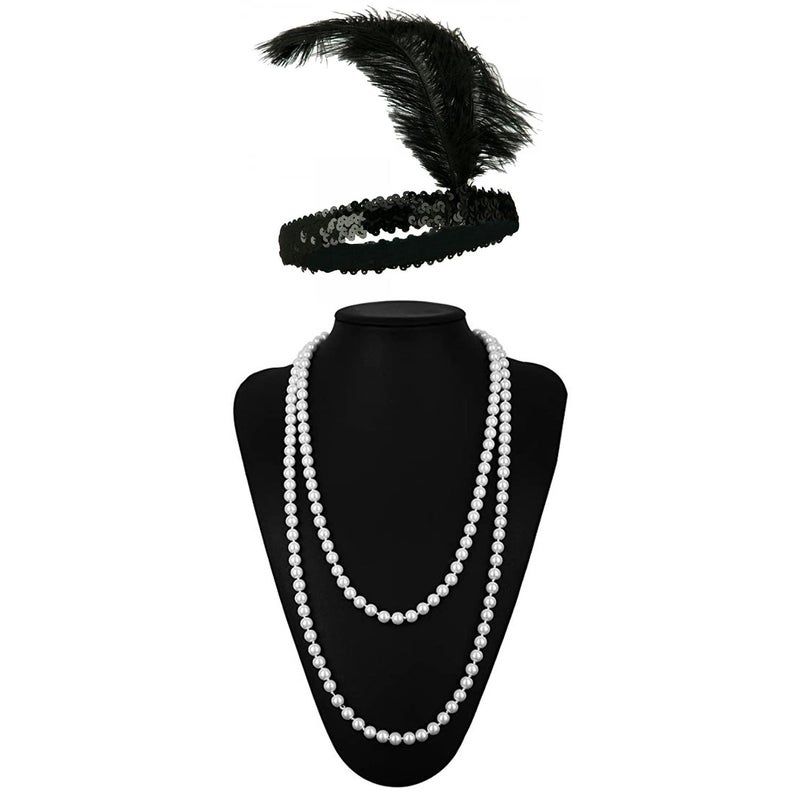 Leadtex Women's 1920s Fringed Flapper Costume,Gangster Lady Costume,Great Gatsby Dresses with Feather Headband,Beaded Necklace Black 12-14 - Image 3